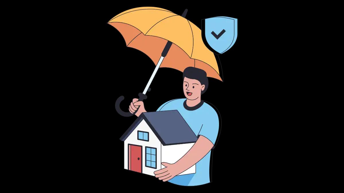 Illustration d'une assurance habitation : logement protégé par un parapluie et un bouclier