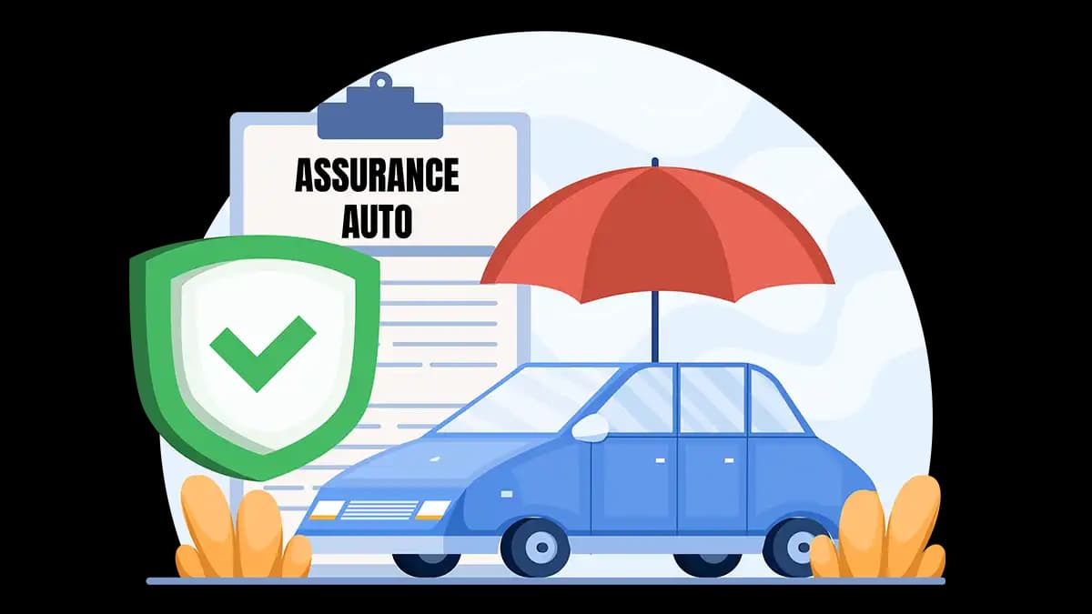 Illustration d'une assurance auto : véhicule protégé par un parapluie et un bouclier